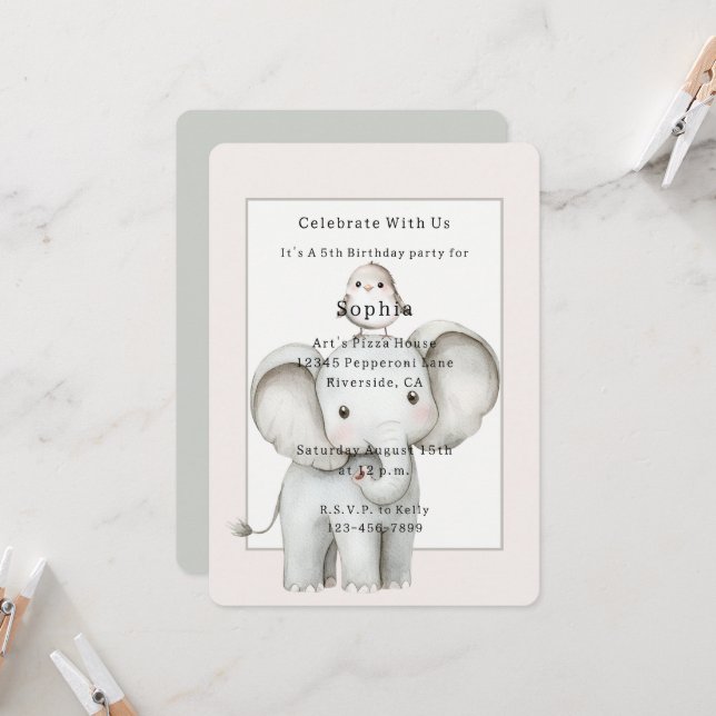Cute Elephant Bird Birthday Invitation (Front/Back In Situ)