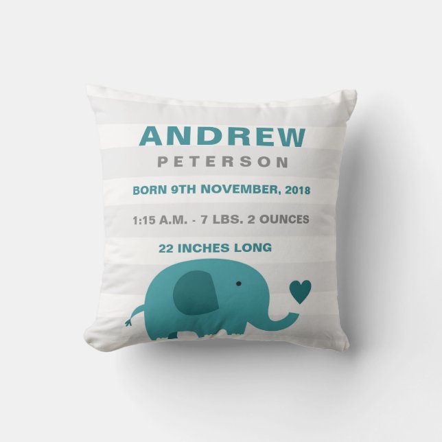 Cute Elephant Birth Announcement Pillow (Front)
