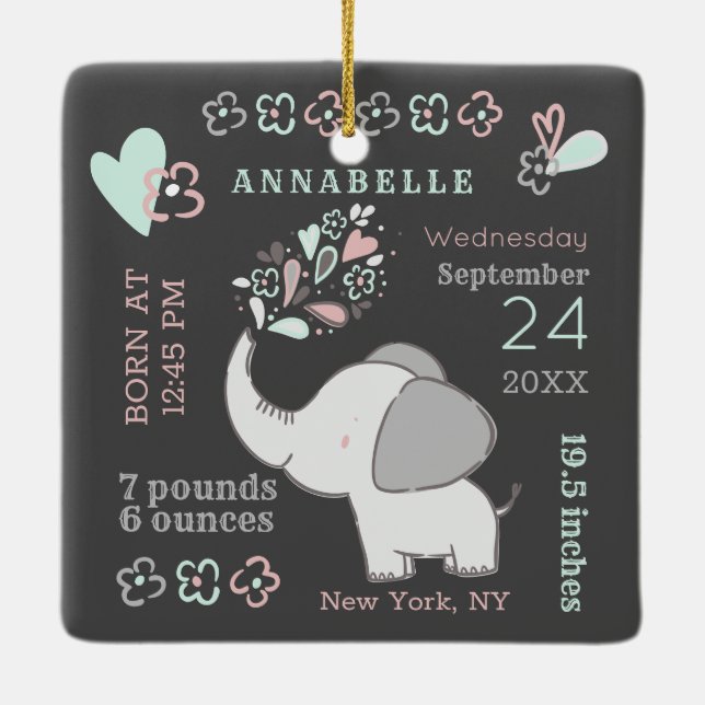 Cute Elephant Birth Stats Baby's First Christmas Ceramic Ornament (Back)
