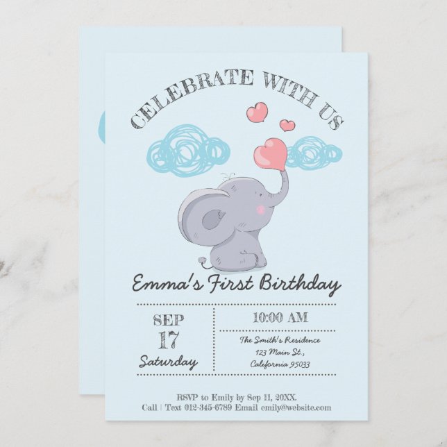 Cute Elephant Blowing Heart Bubbles. Birthday Invitation (Front/Back)