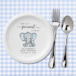 Cute Elephant Blue Baby Boy Shower Paper Plate<br><div class="desc">Cute paper plates for your baby boy shower with "A Sweet Little Peanut Is On His Way" in soft grey typography and a stylish script with swashes,  and a pastel blue watercolor of a baby elephant. Personalise the mother-to-be's name and shower date in simple grey typography.</div>