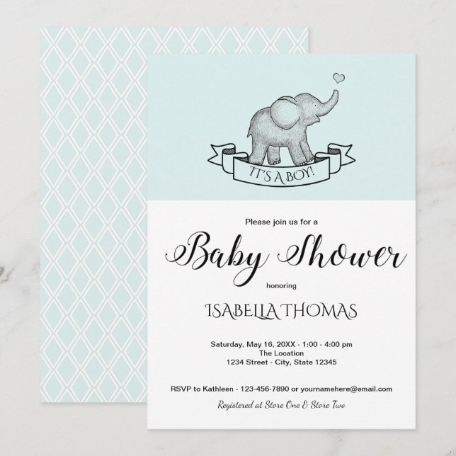 Cute Elephant Blue Baby Shower Invitation (Front/Back)