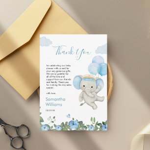 Cute Elephant Blue Balloon Floral Baby Shower Thank You Card