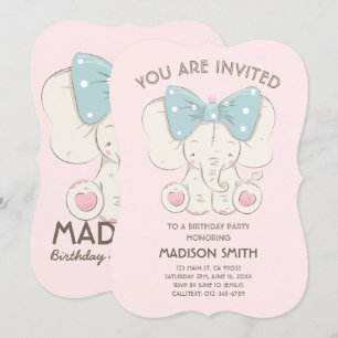Cute Elephant Blue Bow Birthday Party Invitation