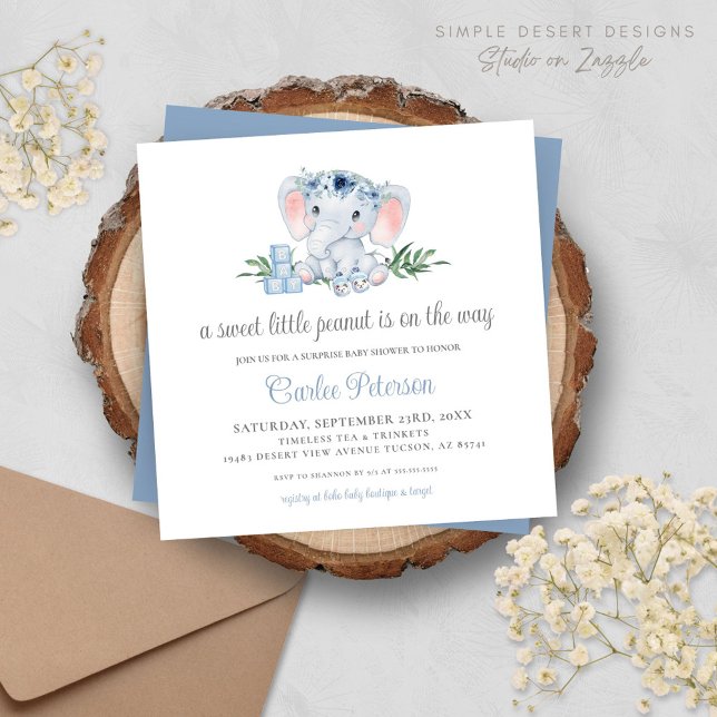 Cute Elephant Blue Boy Baby Shower Invitation (Cute Elephant Baby Shower Invitation with Blue Floral Vintage Vibes, Script and Typography)