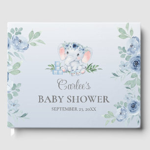 Cute Elephant Blue Floral Baby Shower Guest Book