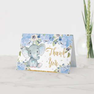 Cute Elephant Blue Floral Baby Shower Thank You Card