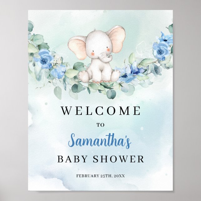 Cute elephant blue floral Baby Shower welcome Poster (Front)