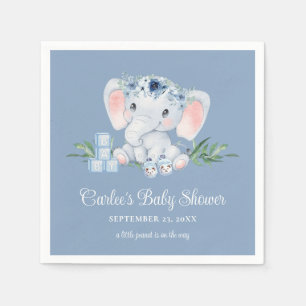 Cute Elephant Blue Floral Boy Baby Shower Napkin