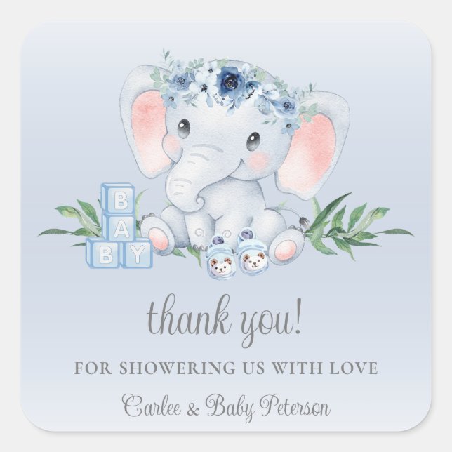Cute Elephant Blue Floral Boy Baby Shower Sticker (Front)