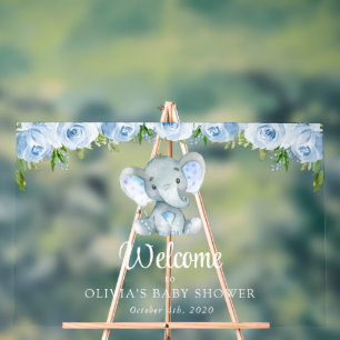 Cute Elephant, Blue Flowers, Baby Shower Welcome Acrylic Sign