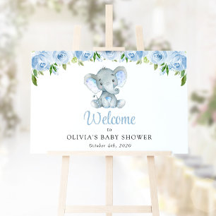 Cute Elephant, Blue Flowers, Baby Shower Welcome Poster