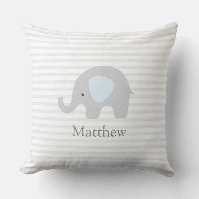 Cute Elephant Blue Grey Striped Boy  Throw Pillow (Front)