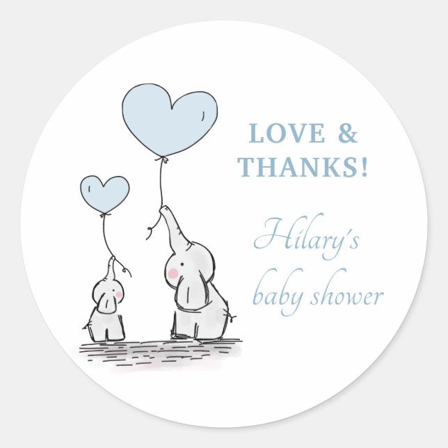Cute Elephant Blue Heart Balloons Boy Baby Shower Classic Round Sticker (Front)