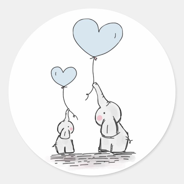 Cute Elephant Blue Heart Balloons Boy Baby Shower Classic Round Sticker (Front)