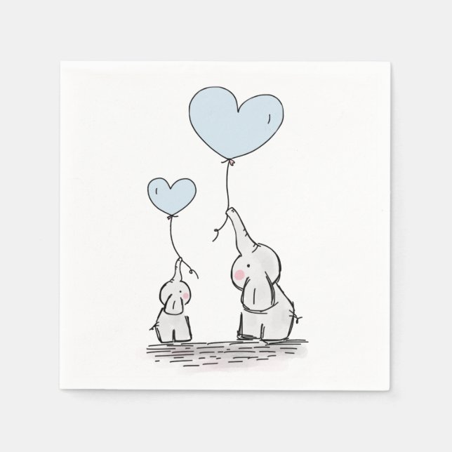 Cute Elephant Blue Heart Balloons Boy Baby Shower Napkin (Front)