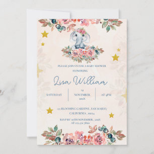 Cute Elephant Blue Peach Green Floral Baby Shower Invitation