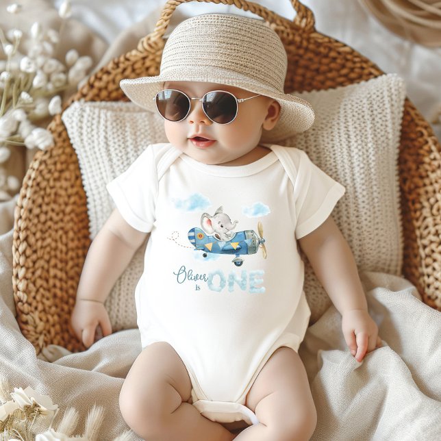 Cute Elephant Blue Plane One 1st Birthday Outfit Baby Bodysuit (cute elephant blue airplane adventure time flies one first 1st birthday party costume outfit)