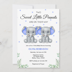 Cute Elephant Blue Twin Boys Baby Shower  Invitation