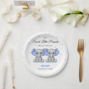 Cute Elephant Blue Twin Boys Baby Shower  Paper Plate