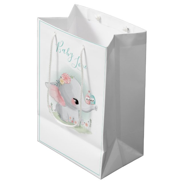 Cute Elephant Blue Watercolor Baby Love Medium Gift Bag (Front Angled)
