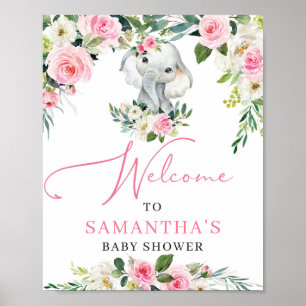 Cute elephant boh blush pink floral baby shower poster