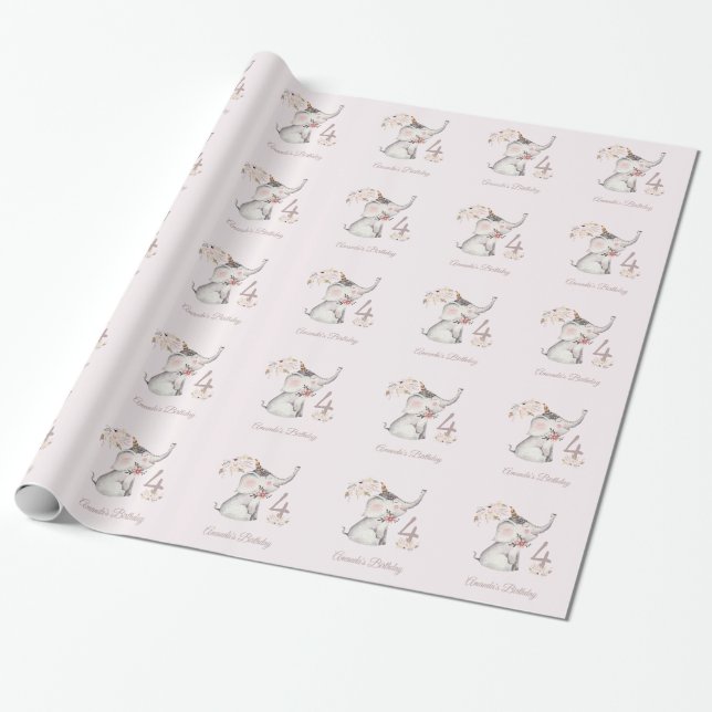 Cute Elephant Boho Floral Custom Year of Birthday Wrapping Paper (Unrolled)