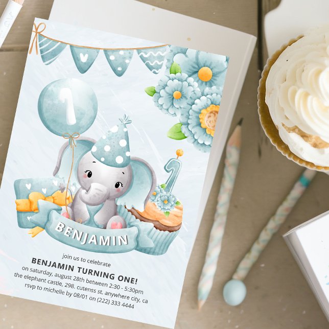 Cute Elephant Boy 1st Birthday Party Invitation (Creator Uploaded)