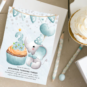 Cute Elephant Boy 3rd Birthday Party Invitation