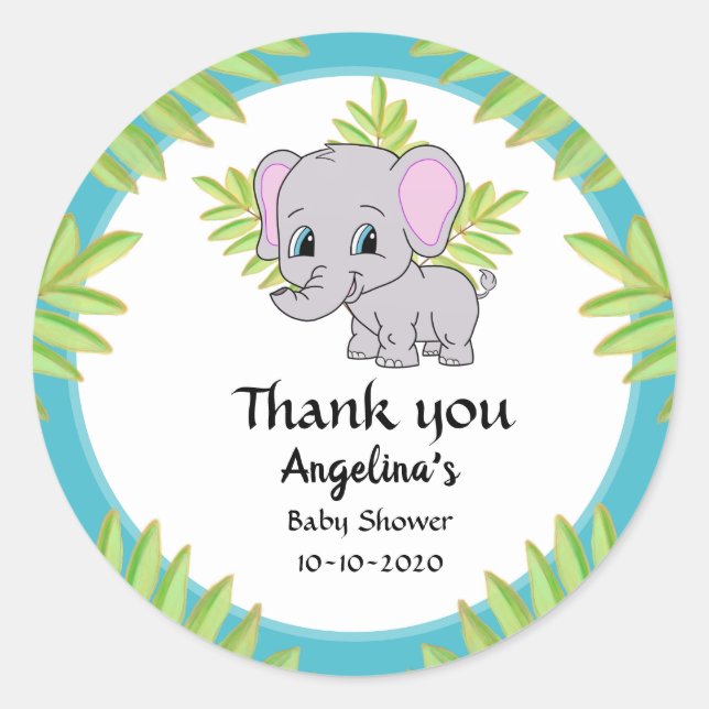 Cute Elephant Boy Baby Shower Blue Thank You Classic Round Sticker (Front)