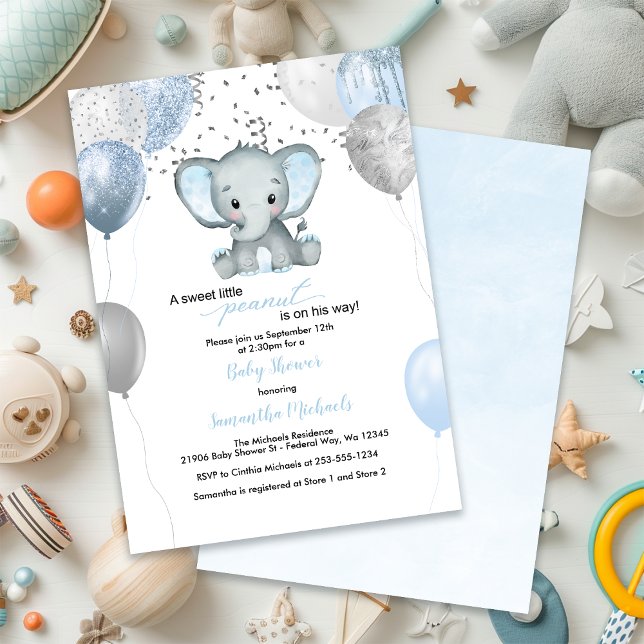 Cute Elephant Boy Balloons Watercolor Baby Shower Invitation (Cute Elephant Boy Balloons Watercolor Baby Shower Invitation)