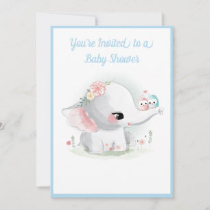 Cute Elephant Boy Blue Script Modern Baby Shower Invitation