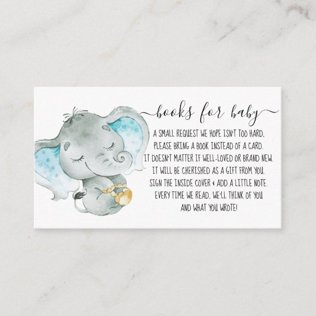 Cute Elephant Boy Book Request for Baby Shower Enclosure Card (Front)