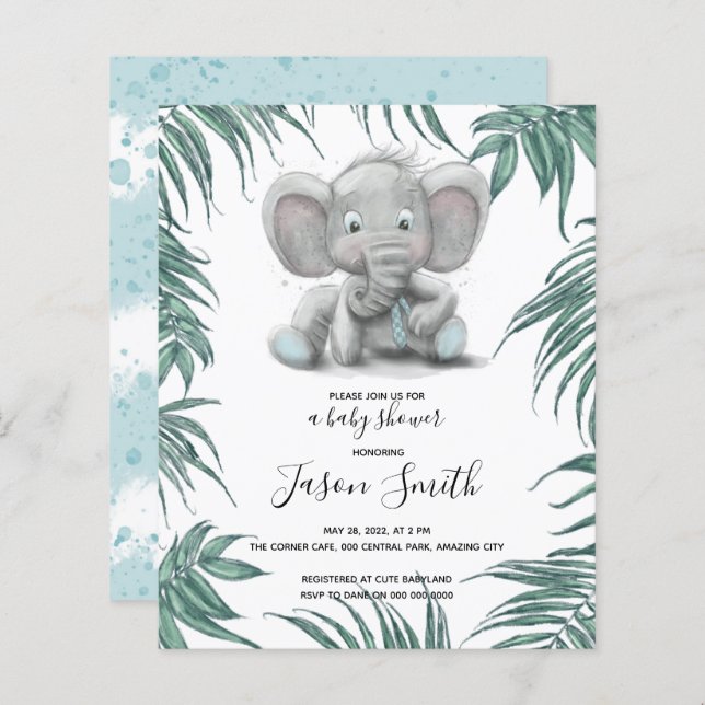 Cute elephant boy with leaves for boy baby shower (Front/Back)