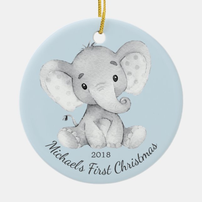 Cute Elephant Boys First Christmas Ornament (Front)