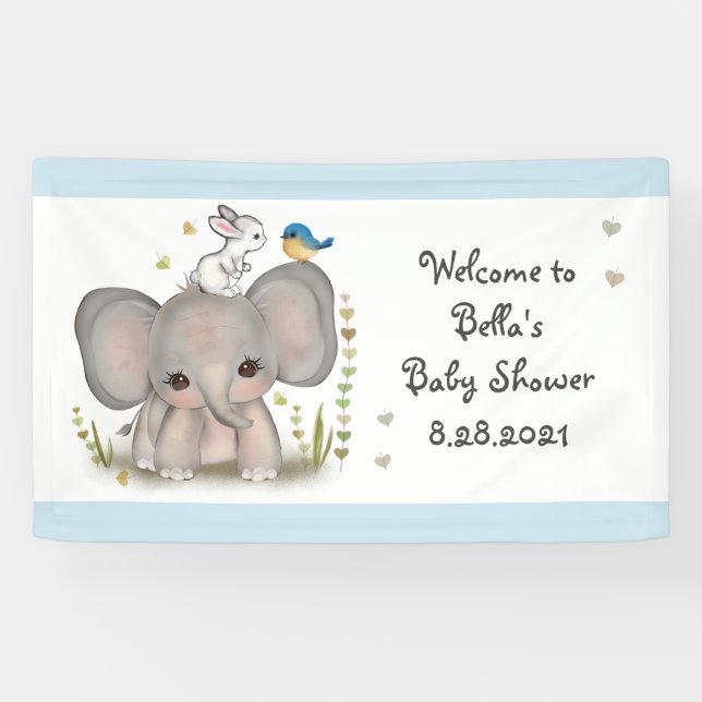 Cute Elephant Bunny Baby Shower Party Banner (Horizontal)