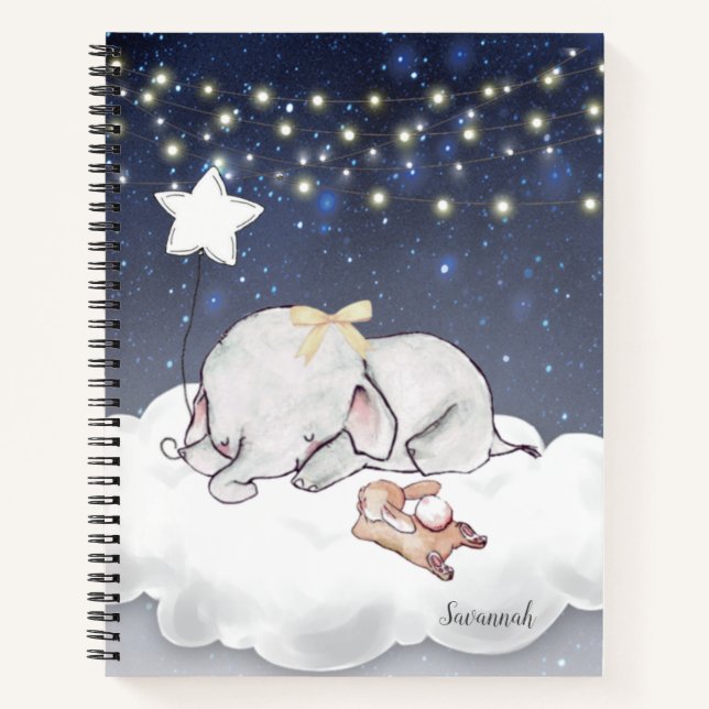 Cute Elephant Bunny Colourful Name Notebook (Front)