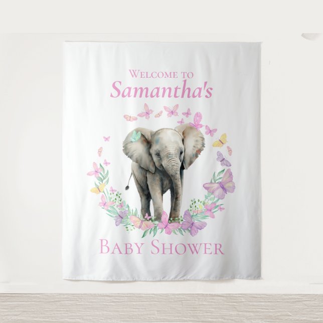 Cute Elephant  Butterflies Backdrop Tapestry (Front)