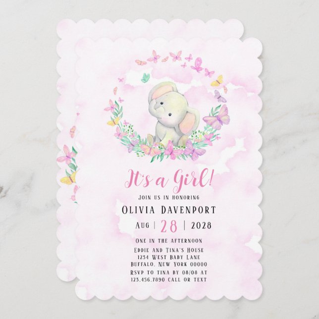 Cute Elephant & Butterflies Girl Baby Shower Invitation (Front/Back)