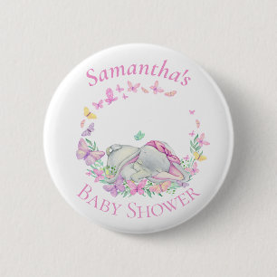 Cute Elephant Butterflies Pink Baby Shower  Button