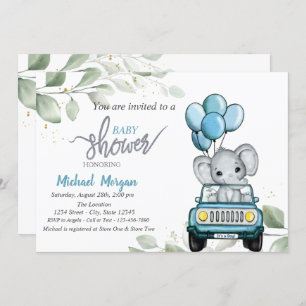 Cute Elephant,Car,Balloons, Leaves Baby Shower  Invitation