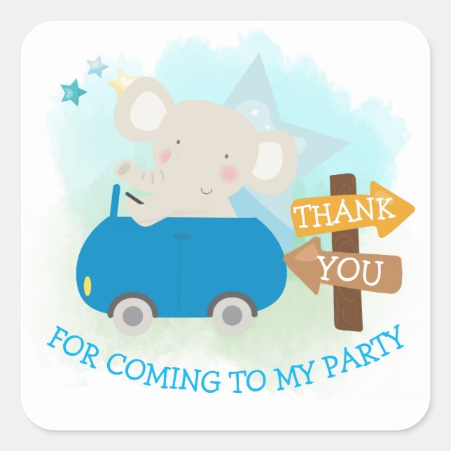 Cute Elephant Car Thank You Boy Birthday Square Sticker (Front)