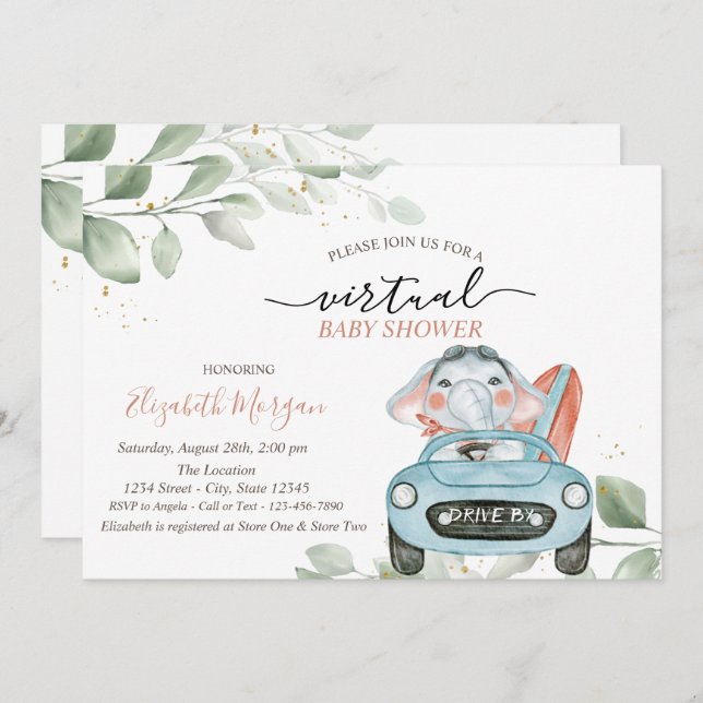 Cute Elephant Car Virtual Drive By Baby Shower Invitation (Front/Back)