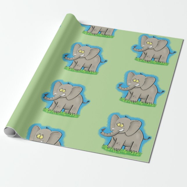 Cute elephant cartoon green pattern wrapping paper (Unrolled)