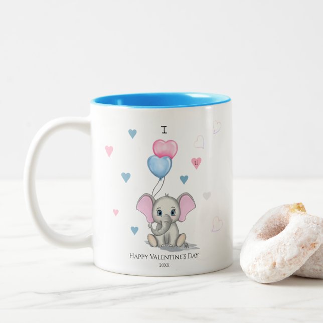Cute Elephant Cartoon | Personalised Valentine's T Two-Tone Coffee Mug (With Donut)