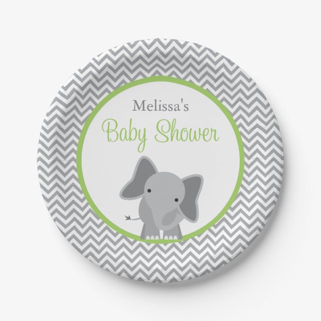 Cute Elephant Chevron Green Baby Shower Paper Plate (Front)