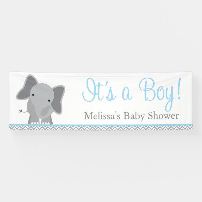 Cute Elephant Chevron Light Blue Baby Shower Banner (Horizontal)