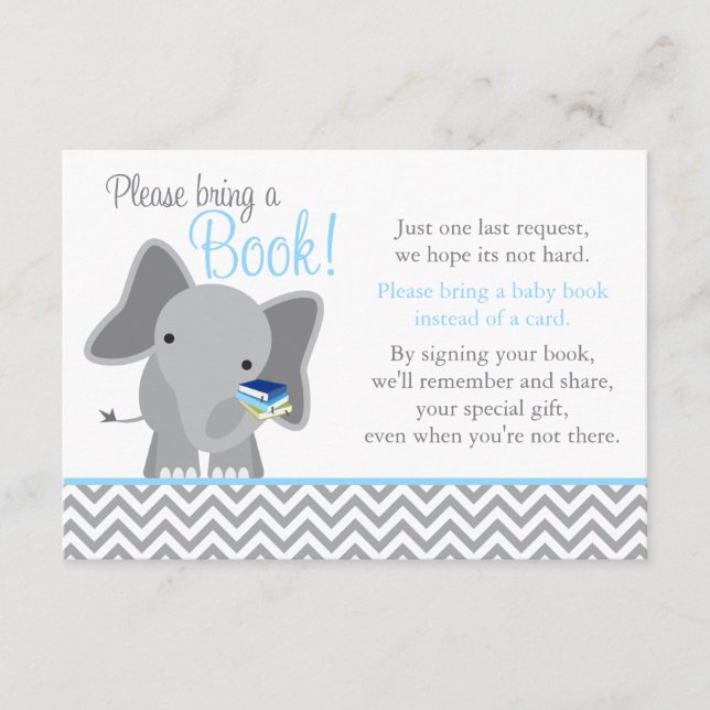 Cute Elephant Chevron Light Blue Baby Shower Book Enclosure Card (Front)