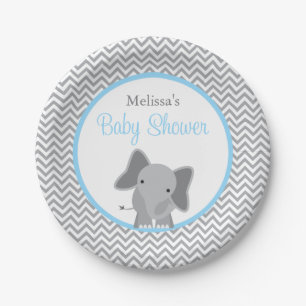 Cute Elephant Chevron Light Blue Baby Shower Paper Plate