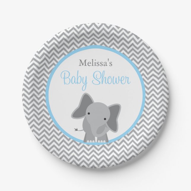 Cute Elephant Chevron Light Blue Baby Shower Paper Plate (Front)